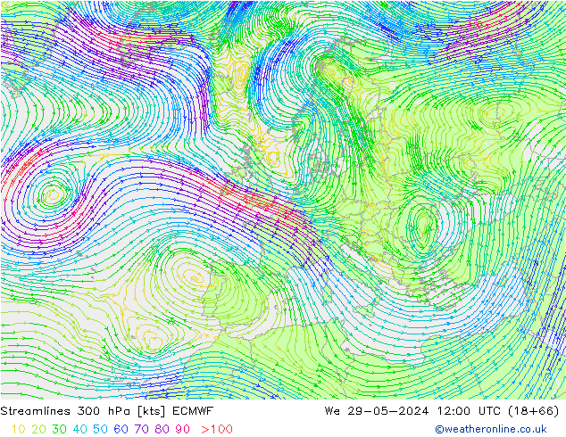 Streamlines 300 hPa ECMWF We 29.05.2024 12 UTC