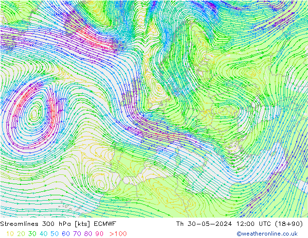 Stromlinien 300 hPa ECMWF Do 30.05.2024 12 UTC