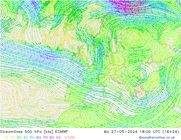 Streamlines 500 hPa ECMWF Po 27.05.2024 18 UTC