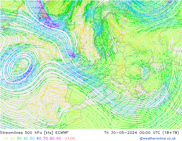 Stromlinien 500 hPa ECMWF Do 30.05.2024 00 UTC