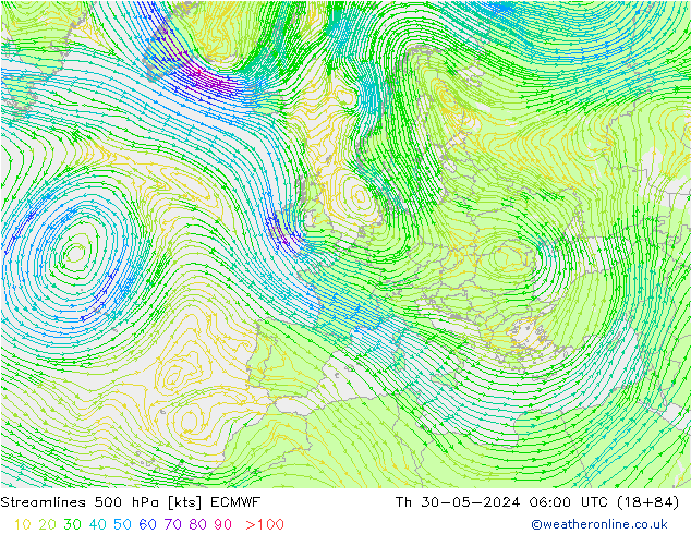 Línea de corriente 500 hPa ECMWF jue 30.05.2024 06 UTC