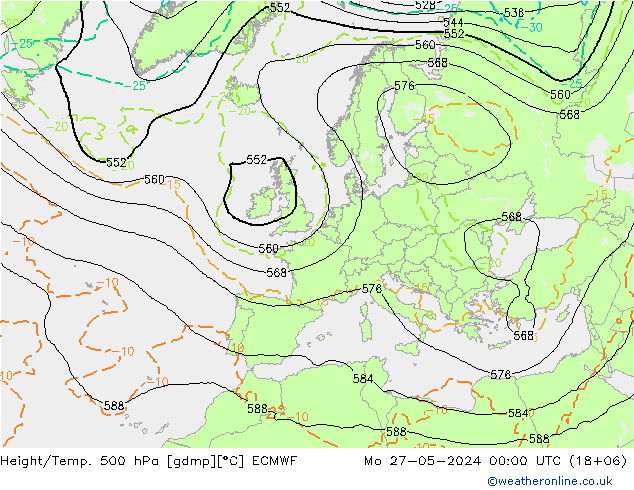 Z500/Rain (+SLP)/Z850 ECMWF Po 27.05.2024 00 UTC