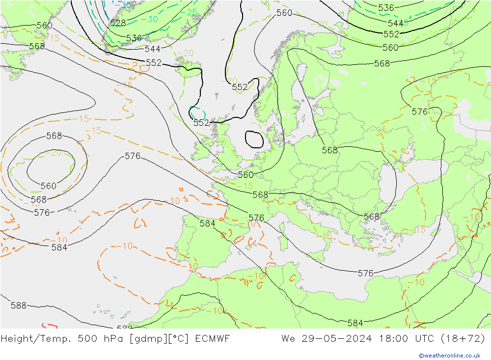 Z500/Rain (+SLP)/Z850 ECMWF Qua 29.05.2024 18 UTC