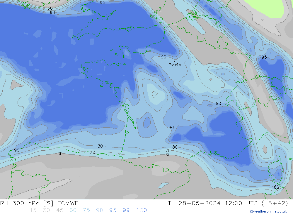 RH 300 hPa ECMWF Tu 28.05.2024 12 UTC