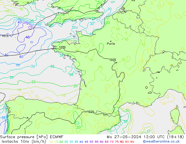 Isotachs (kph) ECMWF Mo 27.05.2024 12 UTC