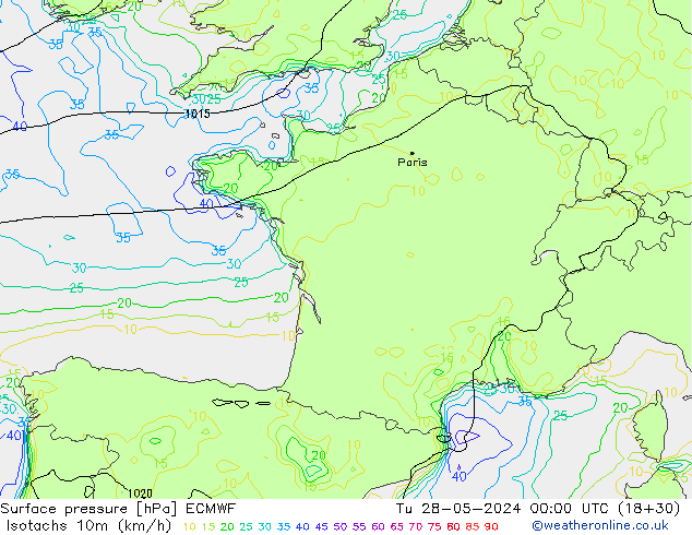 Isotachs (kph) ECMWF mar 28.05.2024 00 UTC