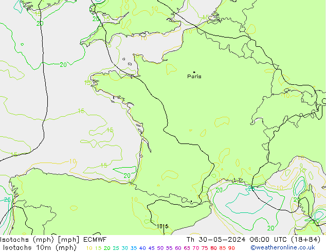 Isotachs (mph) ECMWF Qui 30.05.2024 06 UTC
