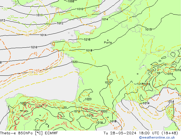 Theta-e 850hPa ECMWF Sa 28.05.2024 18 UTC