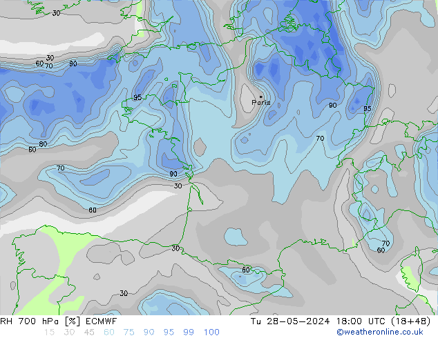 RH 700 hPa ECMWF Ter 28.05.2024 18 UTC