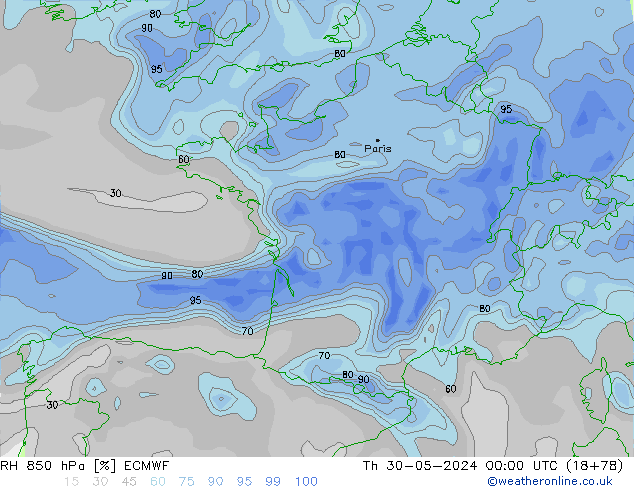 Humidité rel. 850 hPa ECMWF jeu 30.05.2024 00 UTC