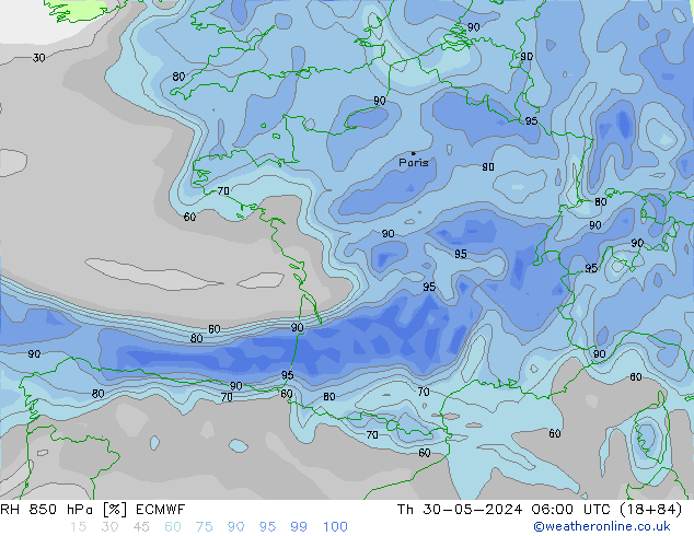 RH 850 hPa ECMWF Qui 30.05.2024 06 UTC