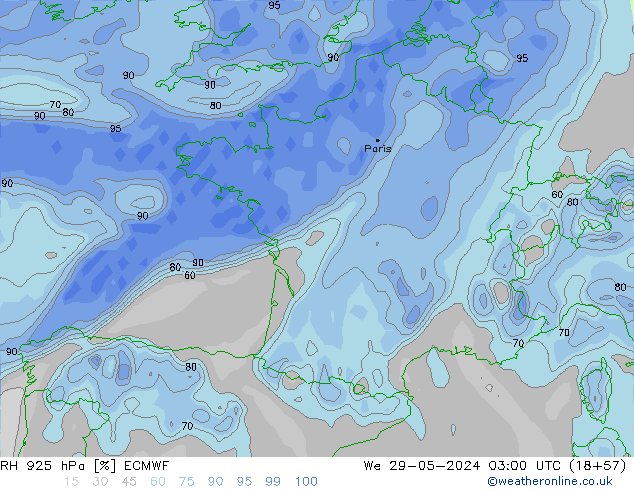 Humidité rel. 925 hPa ECMWF mer 29.05.2024 03 UTC