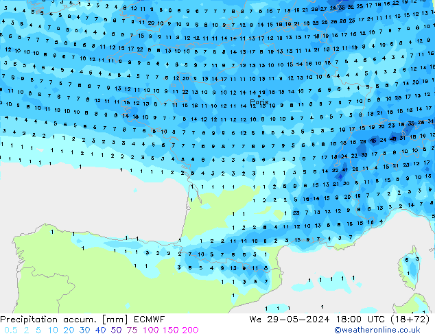 Totale neerslag ECMWF wo 29.05.2024 18 UTC