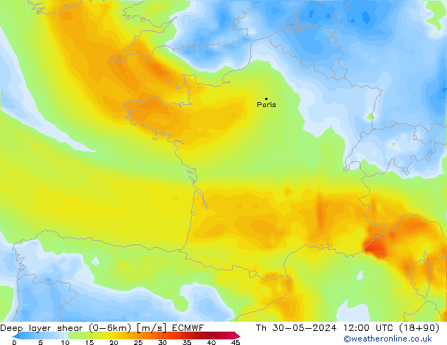 Deep layer shear (0-6km) ECMWF чт 30.05.2024 12 UTC