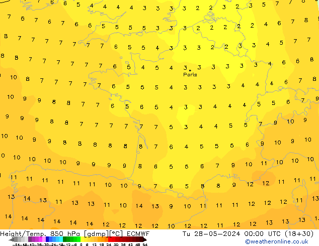 Height/Temp. 850 hPa ECMWF Di 28.05.2024 00 UTC