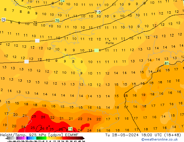 Yükseklik/Sıc. 925 hPa ECMWF Sa 28.05.2024 18 UTC