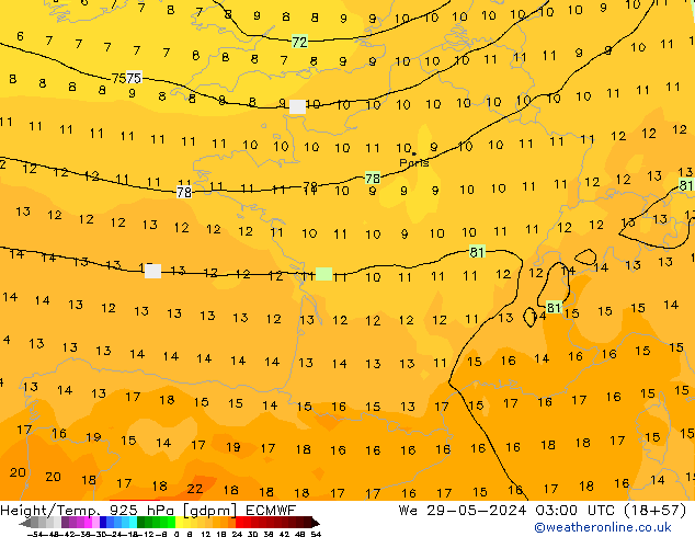 Hoogte/Temp. 925 hPa ECMWF wo 29.05.2024 03 UTC