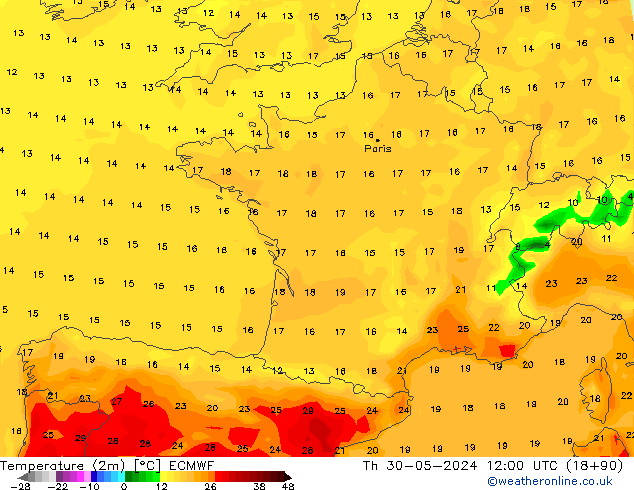 Temperaturkarte (2m) ECMWF Do 30.05.2024 12 UTC