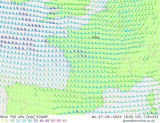 Wind 700 hPa ECMWF Mo 27.05.2024 18 UTC