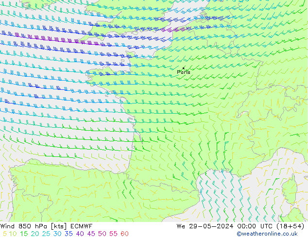 Wind 850 hPa ECMWF wo 29.05.2024 00 UTC