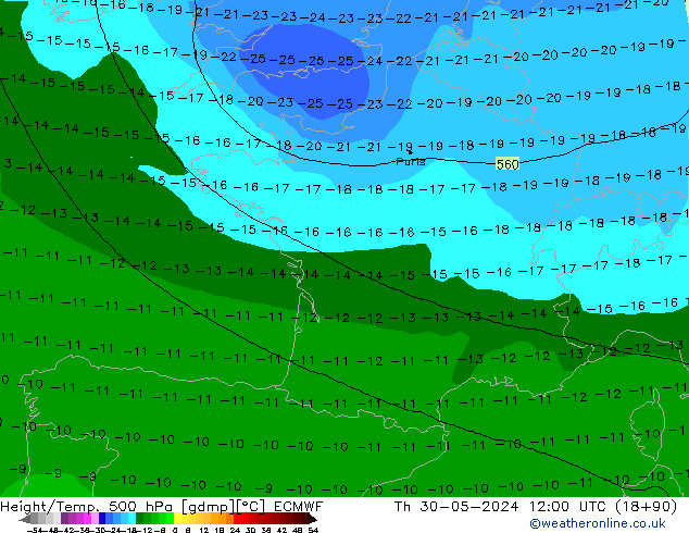 Height/Temp. 500 hPa ECMWF czw. 30.05.2024 12 UTC