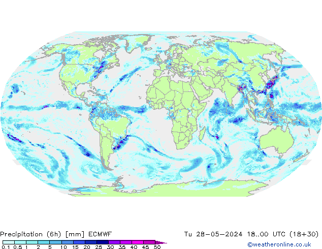 Precipitation (6h) ECMWF Tu 28.05.2024 00 UTC