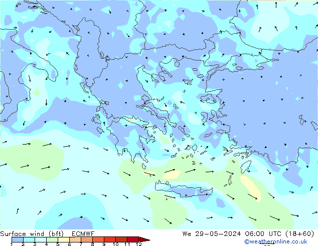 Vento 10 m (bft) ECMWF Qua 29.05.2024 06 UTC