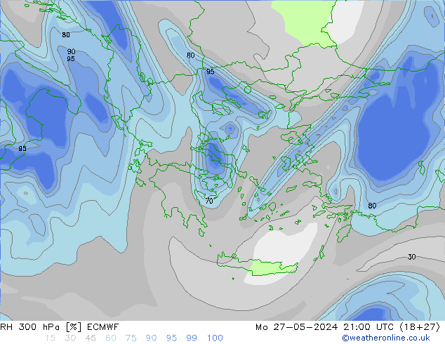 RH 300 hPa ECMWF lun 27.05.2024 21 UTC