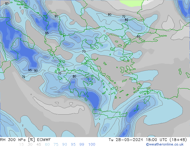 RH 300 hPa ECMWF mar 28.05.2024 18 UTC