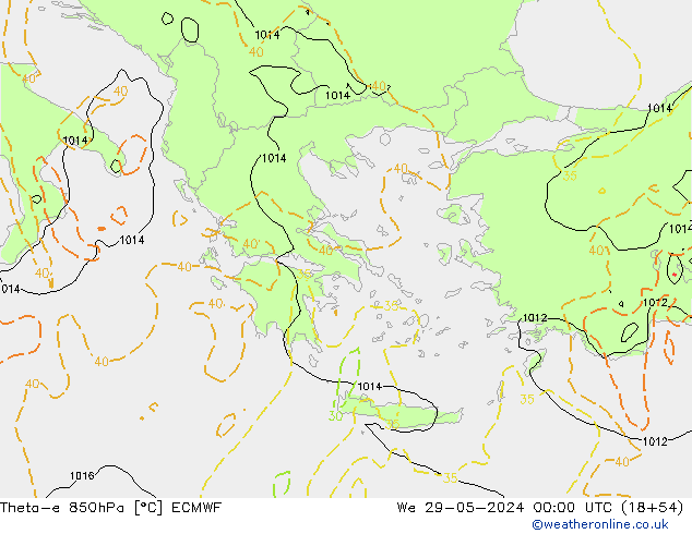 Theta-e 850hPa ECMWF mer 29.05.2024 00 UTC