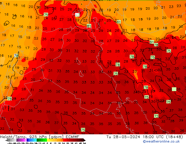 Height/Temp. 925 hPa ECMWF Tu 28.05.2024 18 UTC