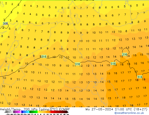 Height/Temp. 700 hPa ECMWF Seg 27.05.2024 21 UTC