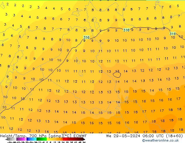 Height/Temp. 700 hPa ECMWF śro. 29.05.2024 06 UTC