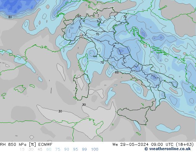 RH 850 hPa ECMWF We 29.05.2024 09 UTC