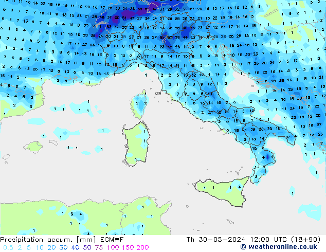 Precipitation accum. ECMWF gio 30.05.2024 12 UTC