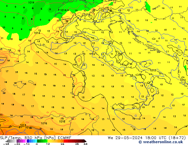 SLP/Temp. 850 hPa ECMWF Qua 29.05.2024 18 UTC