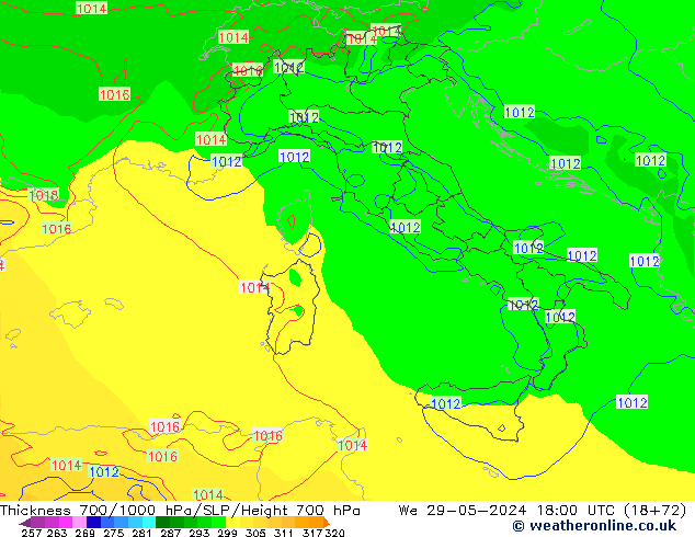 Thck 700-1000 hPa ECMWF Qua 29.05.2024 18 UTC