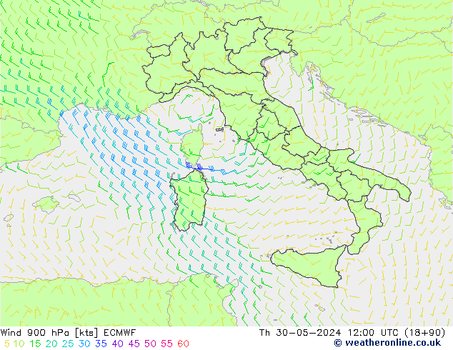 Wind 900 hPa ECMWF Čt 30.05.2024 12 UTC