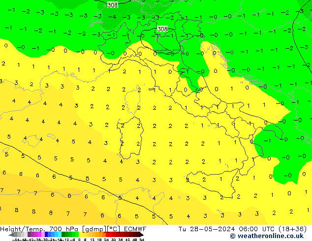 Height/Temp. 700 hPa ECMWF Tu 28.05.2024 06 UTC