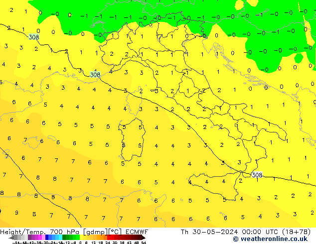 Height/Temp. 700 hPa ECMWF  30.05.2024 00 UTC