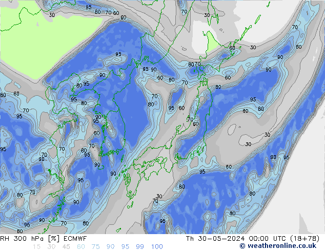 RH 300 hPa ECMWF Qui 30.05.2024 00 UTC