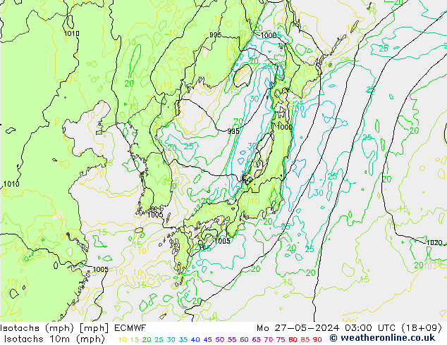 Isotachs (mph) ECMWF Mo 27.05.2024 03 UTC