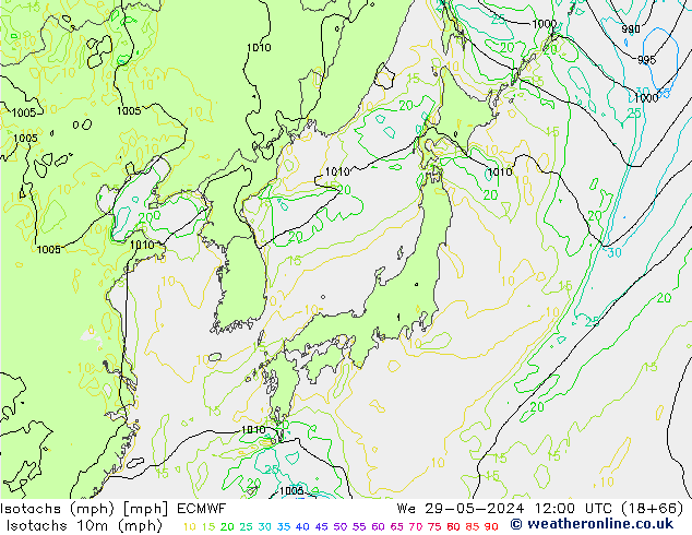 Isotachs (mph) ECMWF ср 29.05.2024 12 UTC