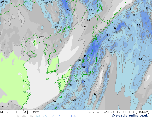 Humedad rel. 700hPa ECMWF mar 28.05.2024 12 UTC