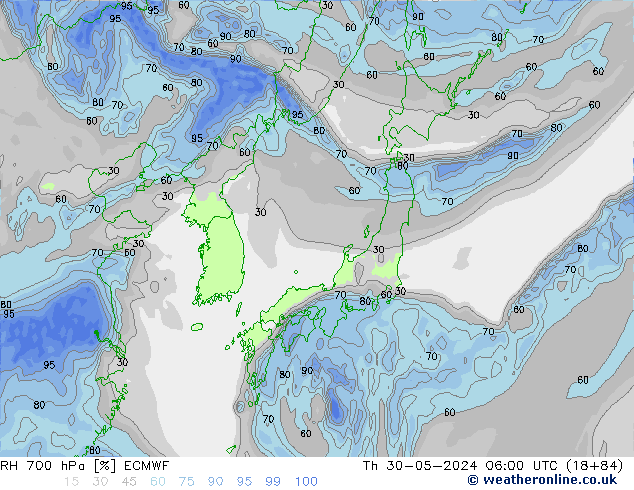 Humidité rel. 700 hPa ECMWF jeu 30.05.2024 06 UTC