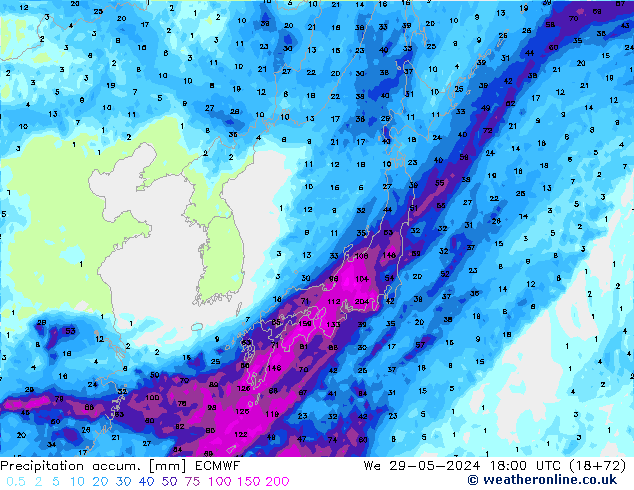 Totale neerslag ECMWF wo 29.05.2024 18 UTC