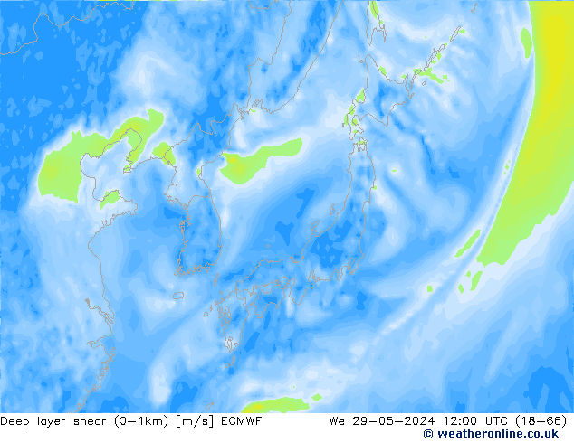 Deep layer shear (0-1km) ECMWF St 29.05.2024 12 UTC