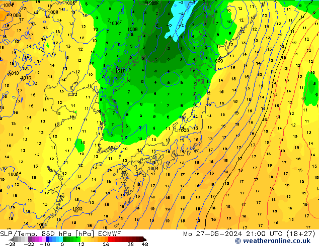 SLP/Temp. 850 hPa ECMWF ma 27.05.2024 21 UTC