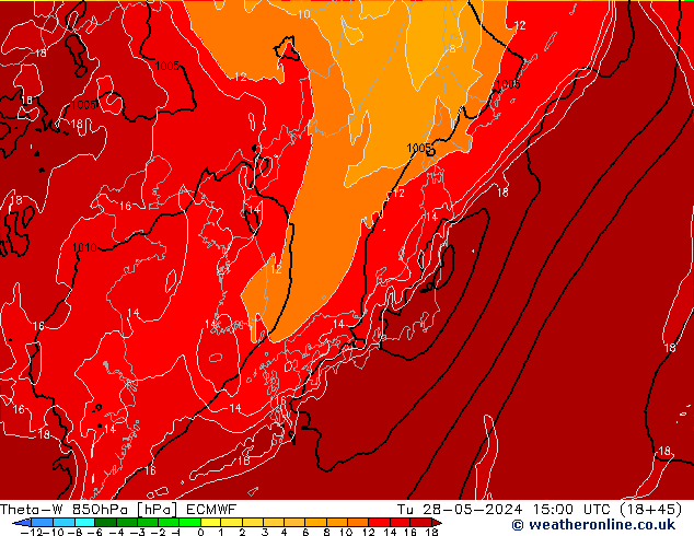 Theta-W 850hPa ECMWF wto. 28.05.2024 15 UTC