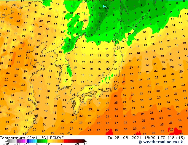 Temperatura (2m) ECMWF mar 28.05.2024 15 UTC